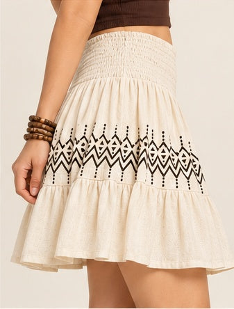 Ivory Smocked Waist Ruffle Mini Skirt with Geometric Print