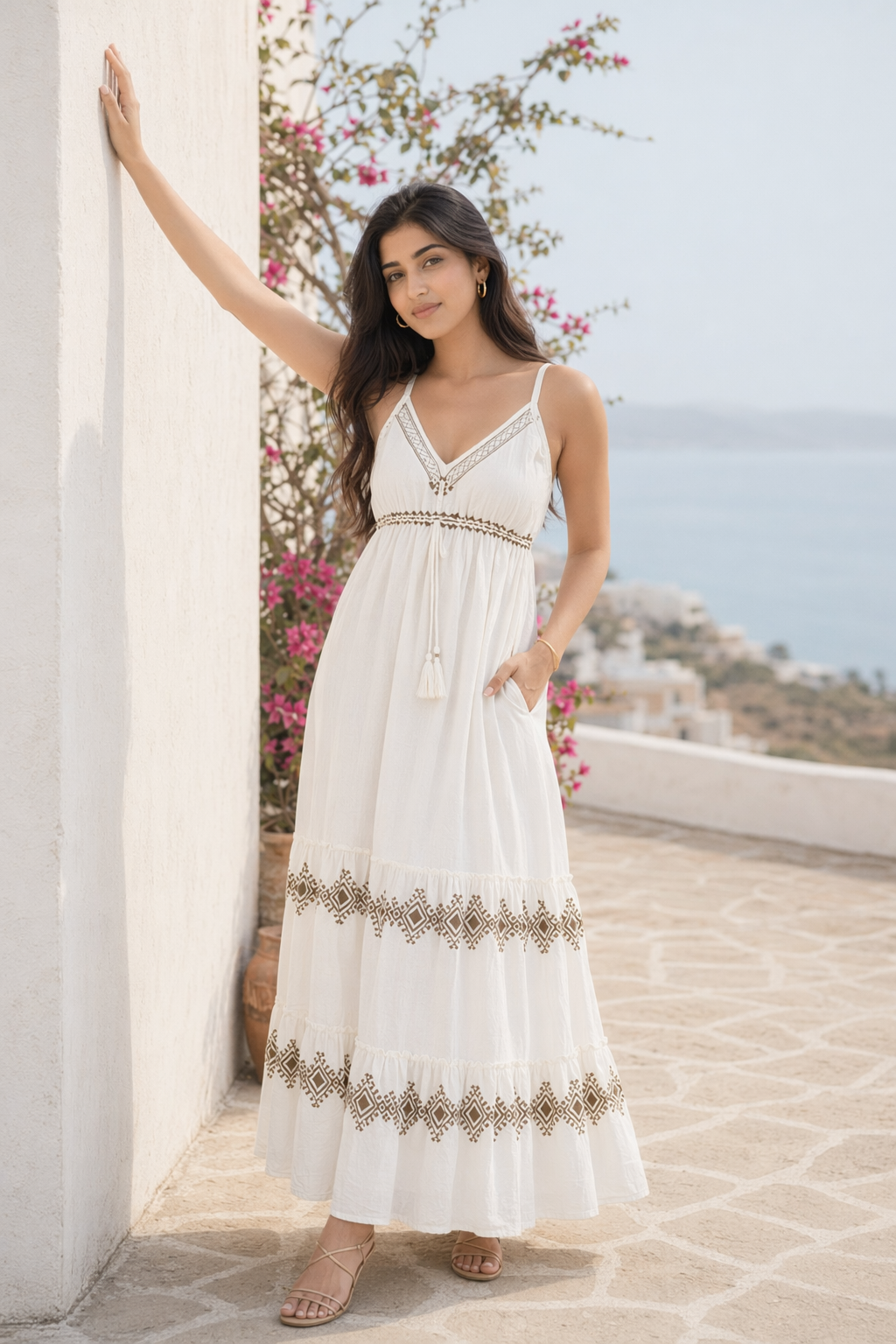 White Diamond Block Print Cotton Tiered Empire Maxi Dress