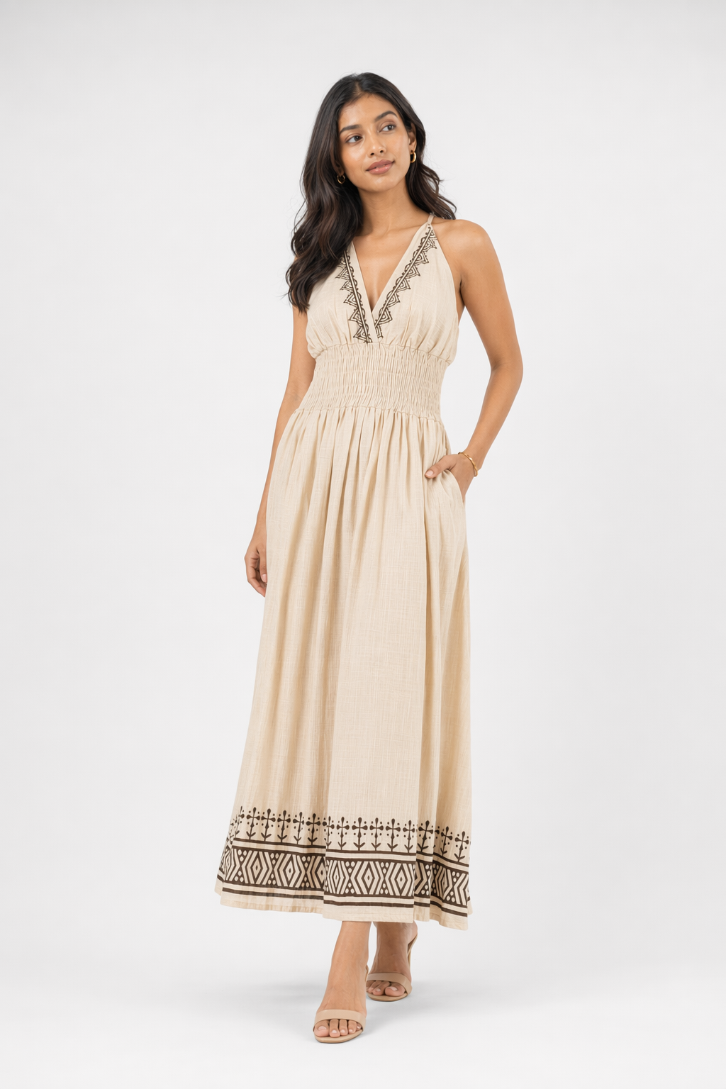 Beige Botanical Block Print Cotton Halter Maxi Dress