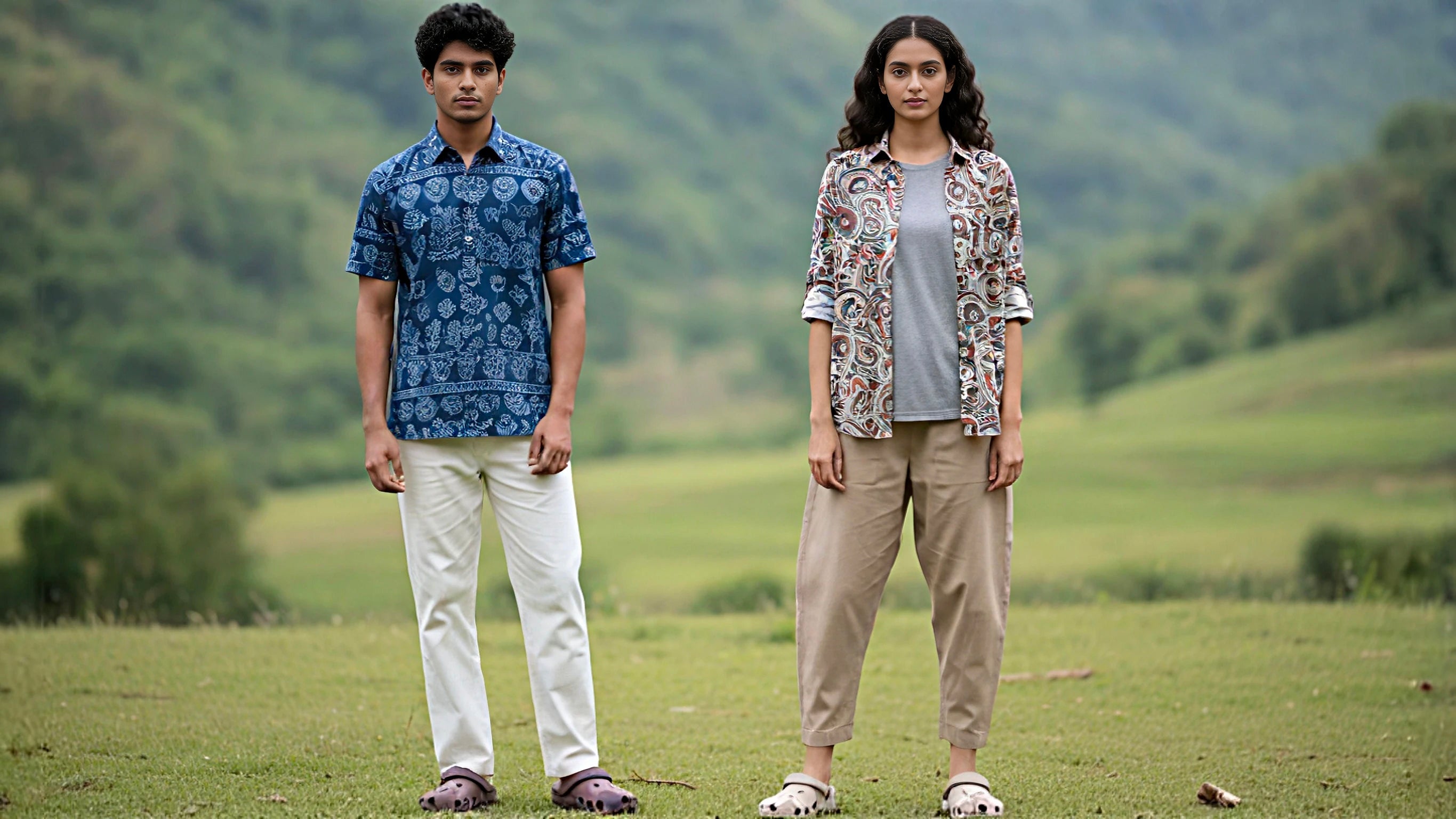 Two people wearing sustainable clothes from Entimessi, standing in a grassy field with mountains in the background.