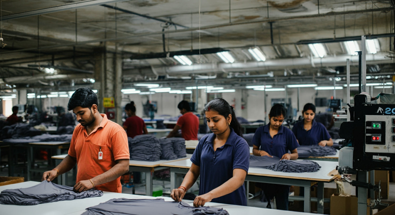 Skilled artisans at work in Entimessi manufacturing unit, focusing on hands working with fabrics
