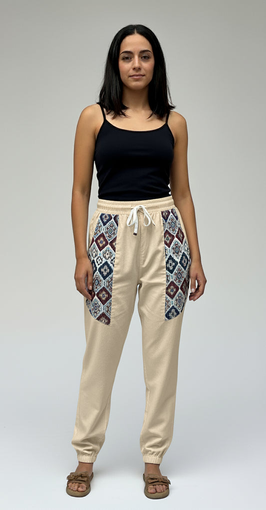 Entimessi Casual Cotton Hopper Pants with Woven Pockets for Women Hopper Pants Beige 100% cotton balloon pants bohemian style boho pants breathable fabric elastic ankles ethnic diamond print ethnic wear handblock print hopper pants loungewear relaxed fit SC-10 summer pants Women women's clothing yoga pants