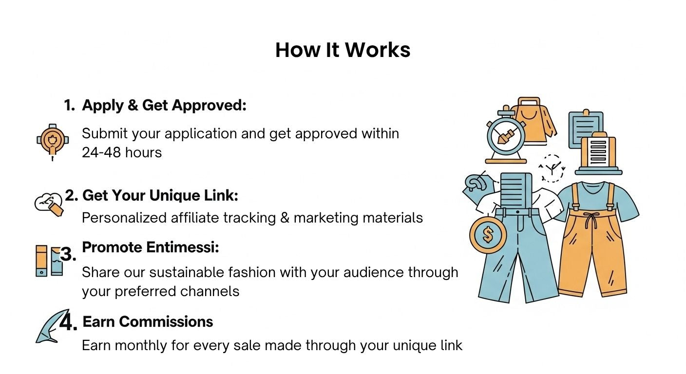 Infographic with text explaining how Entimessi's affiliate program works, including application process, unique link, promotion, and commission earning.