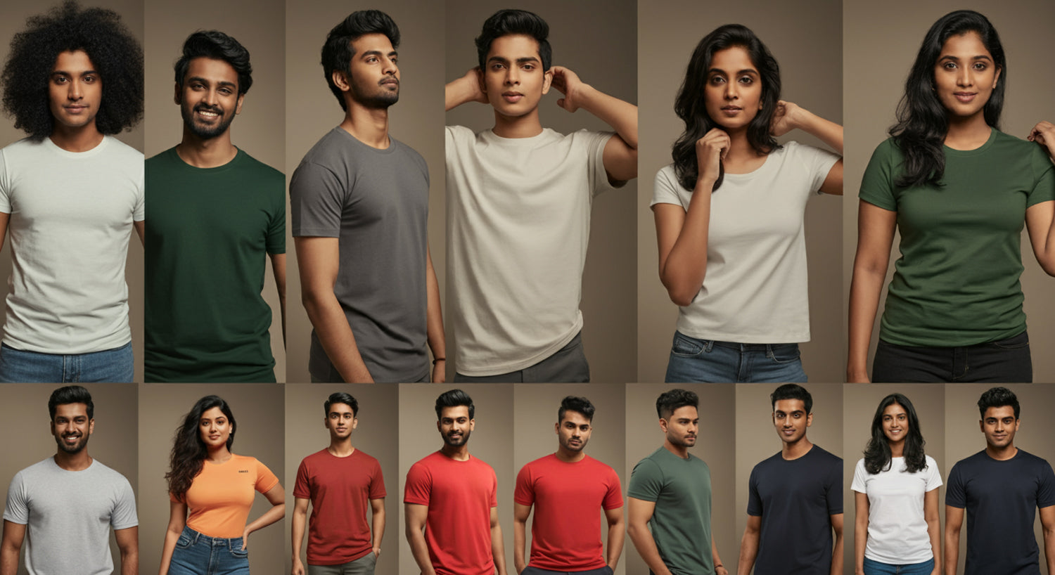 A grid showing diverse body types with perfectly fitted clothing, highlighting the 21 size variations used by ENTIMESSI in its clothing line.