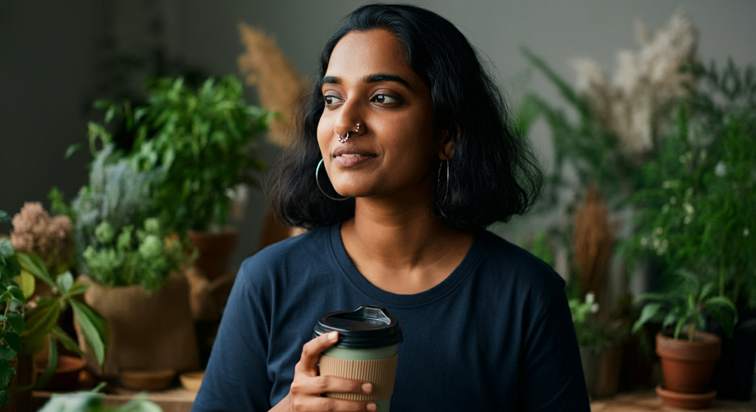 A young Indian woman wearing navy blue round neck t-shirt from ENTIMESSI