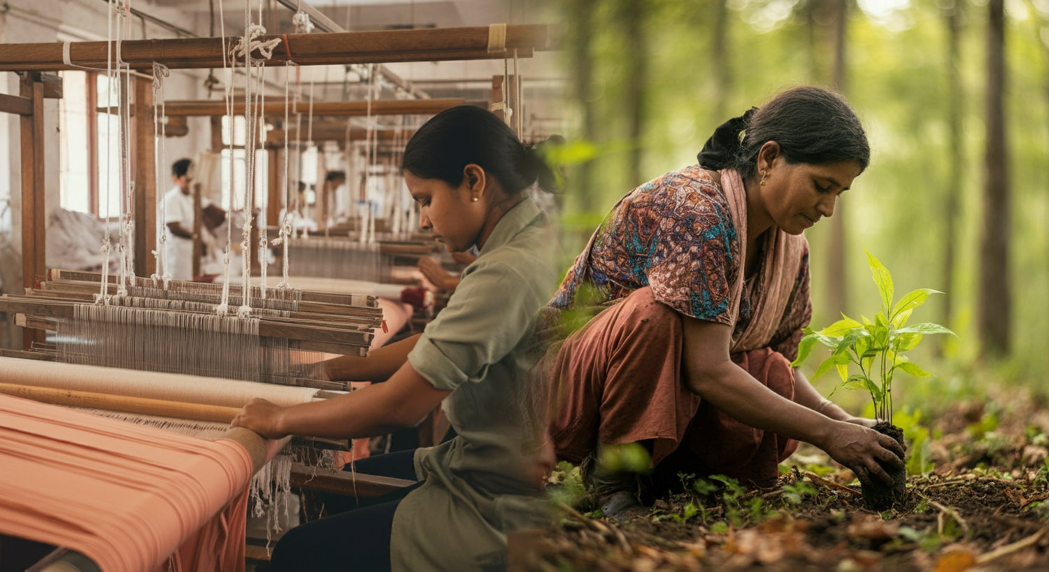 A split image showing clothing production alongside local reforestation efforts