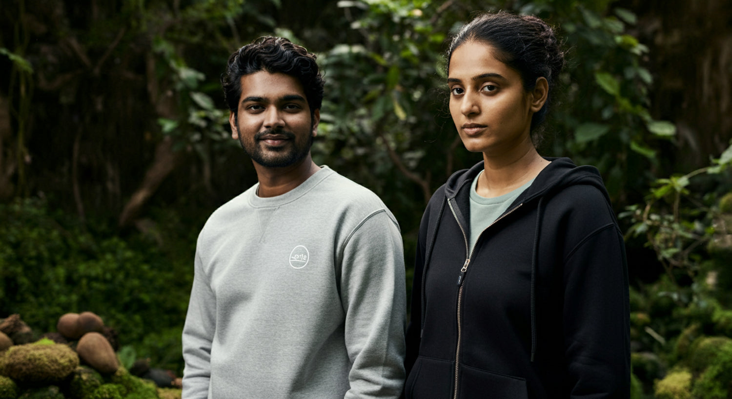 A young Indian man in a gray sweatshirt and a young Indian woman in a black zipped hoodie from ENTIMESSI stand amidst a serene natural setting.