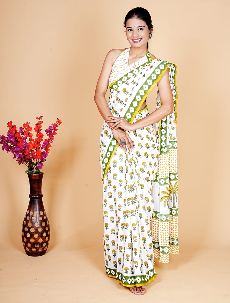Entimessi Summer White Saree with Yellow-Green Floral & Palm Pallu Sarees Block Printed Saree Dabu Print Entimessi ethnic wear Farewell Saree Festive Saree Festive Wear Free Size Gift For Her Hand Block Print Hand Block Print Cotton Saree Hand Printed Handcrafted Saree Handwoven Indian Ethnic Wear Lightweight Saree Office Wear Saree One Size Party Wear Saree Saree With Blouse Piece Soft Finish Soft Finish Saree Traditional Wear Unstitched Blouse Wedding Guest Saree Wedding Wear Work Wear
