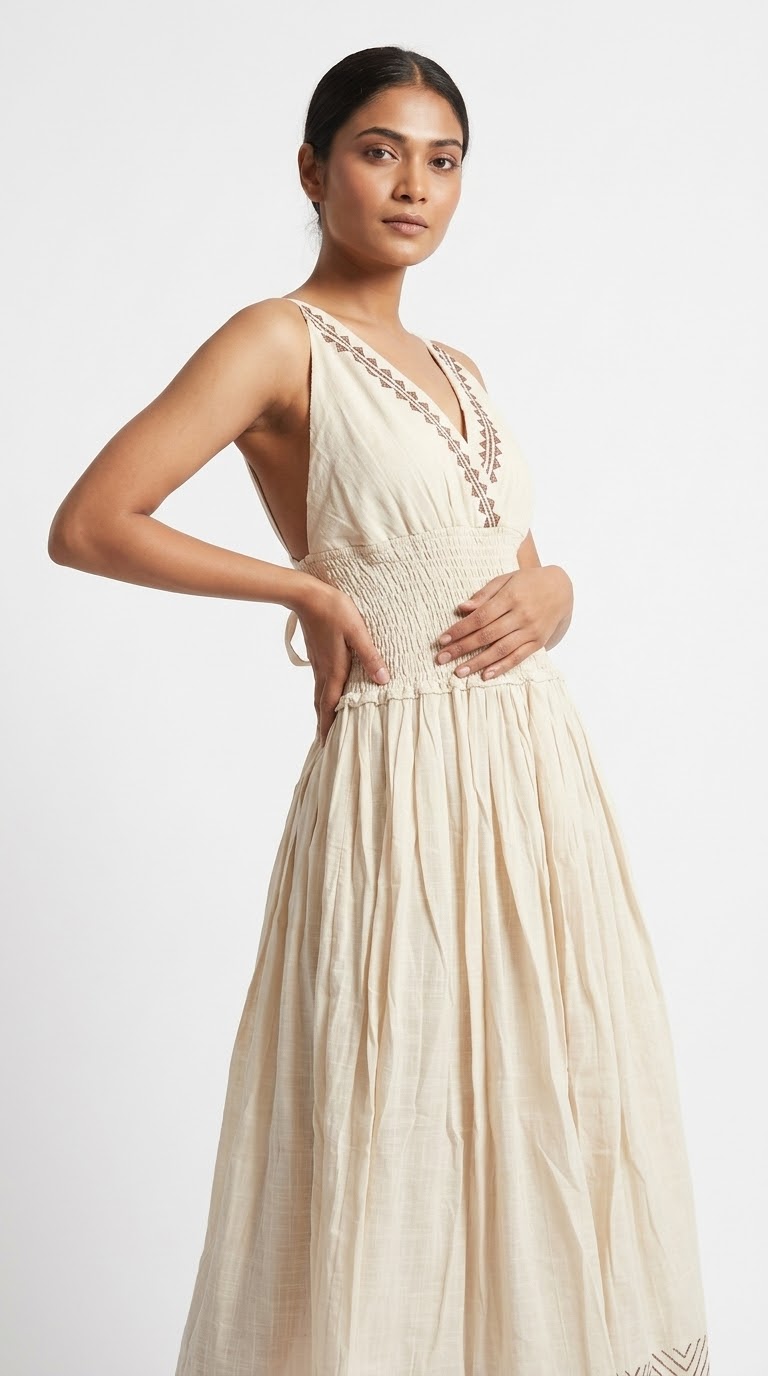 Cream Diamond Block Print Cotton Surplice Midi Dress