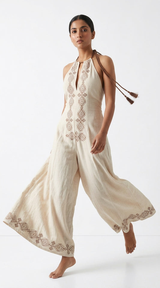 Oatmeal Diamond Block Print Cotton Halter Jumpsuit