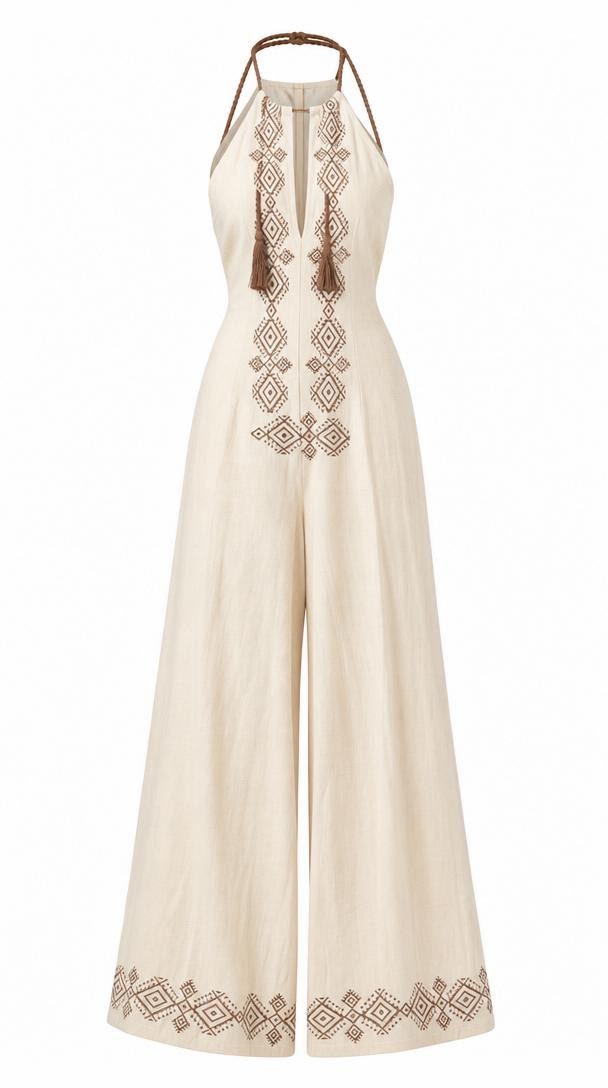 Oatmeal Diamond Block Print Cotton Halter Jumpsuit