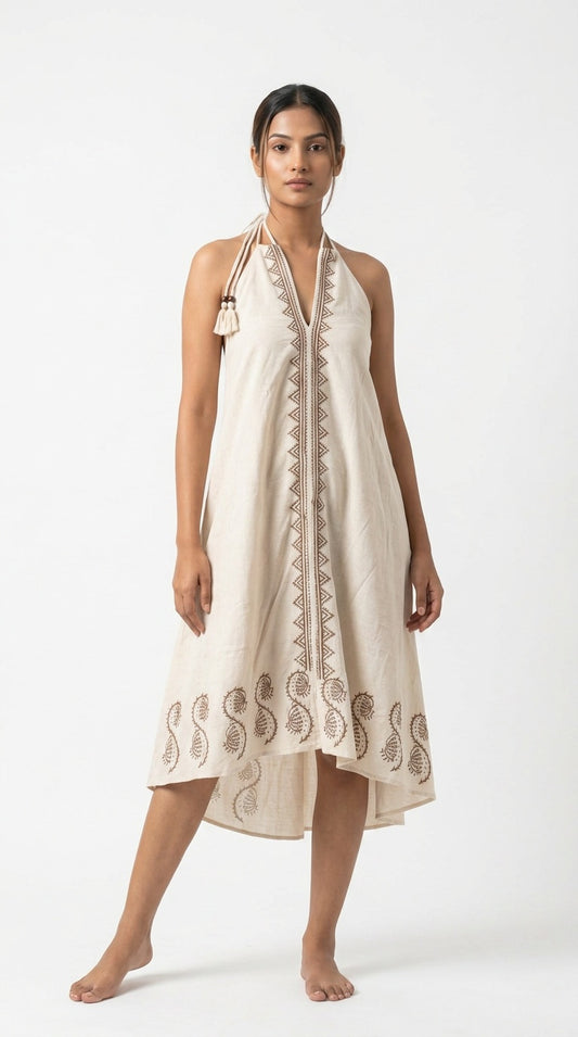 Ecru Paisley Block Print Cotton Halter Maxi Dress