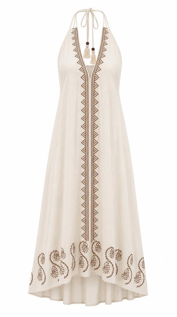Ecru Paisley Block Print Cotton Halter Maxi Dress