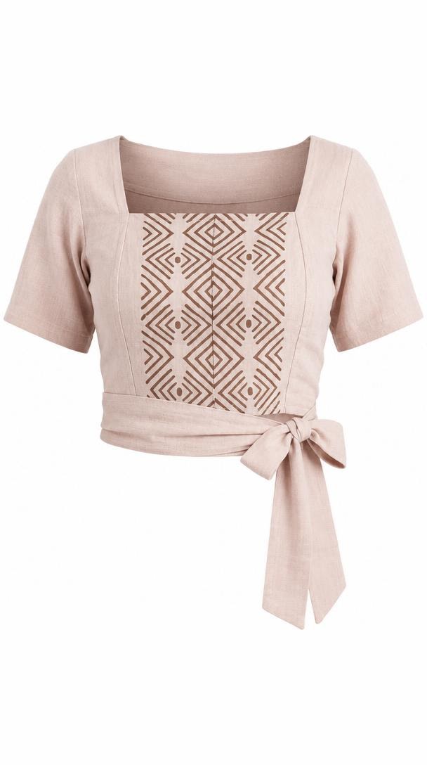 Blush Diamond Block Print Cotton Tie-Front Crop Top