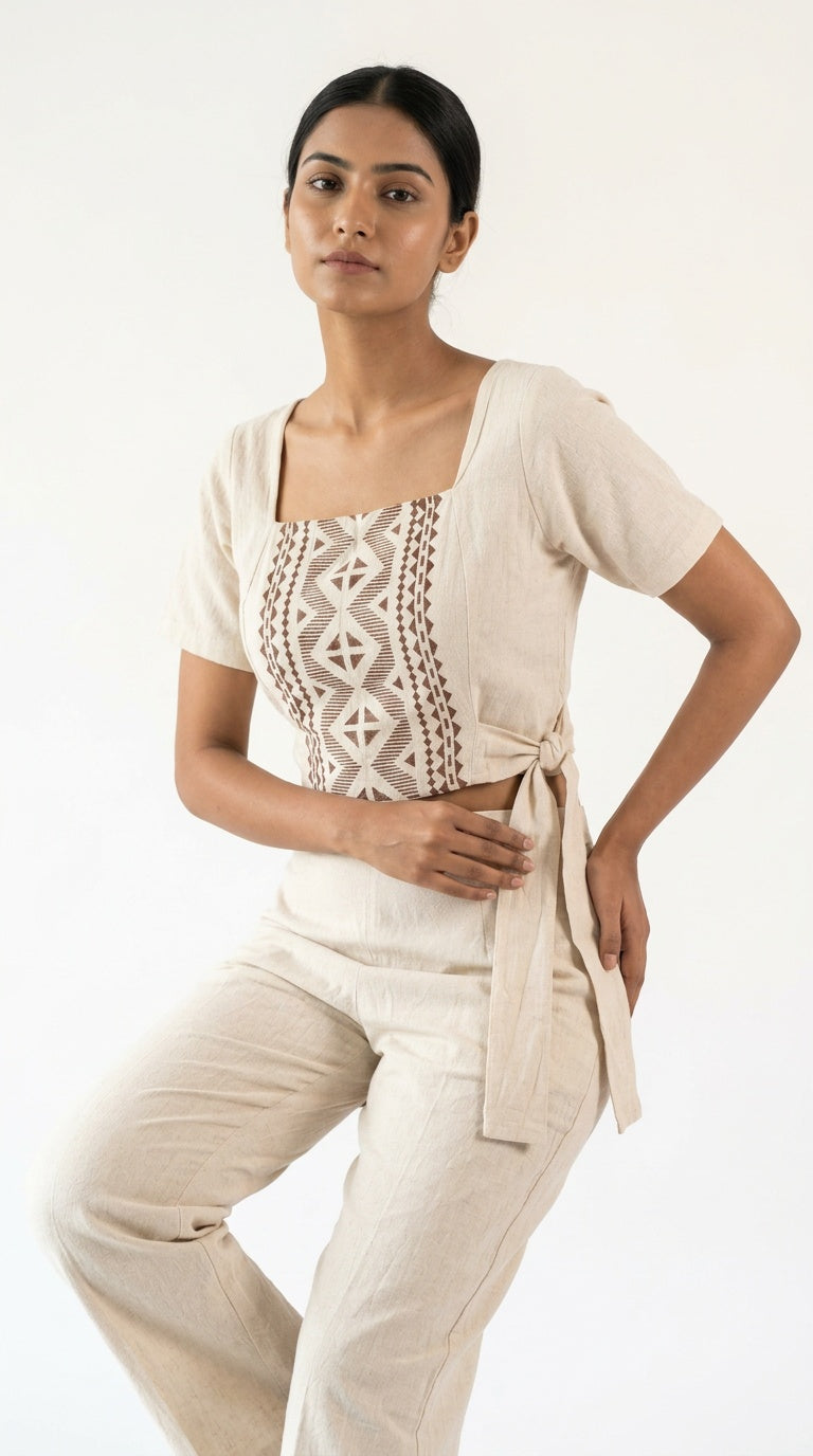 Oatmeal Geometric Block Print Cotton Tie-Side Top