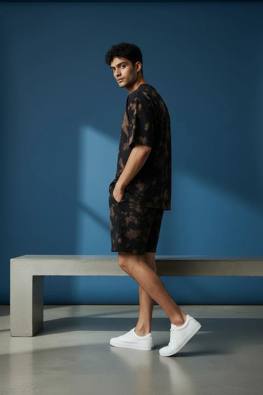 Brown & Black Tie-Dye Co-ord Set – Oversized Tee + Relaxed Shorts | Unisex Loungewear