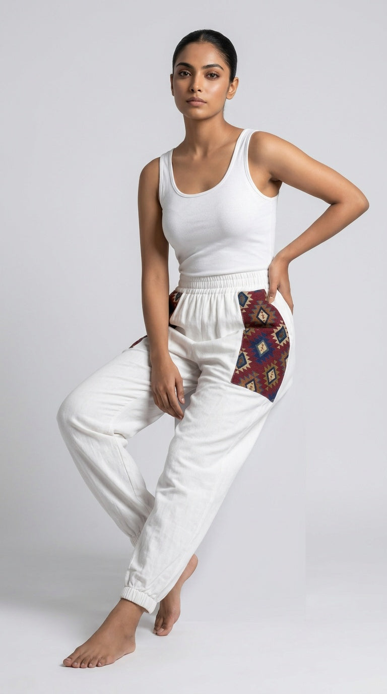Entimessi White Cotton Hopper Pants with Woven Pockets for Women Hopper Pants 100% cotton balloon pants bohemian style boho pants breathable fabric elastic ankles ethnic diamond print ethnic wear handblock print hopper pants loungewear relaxed fit SC-10 summer pants Women women's clothing yoga pants
