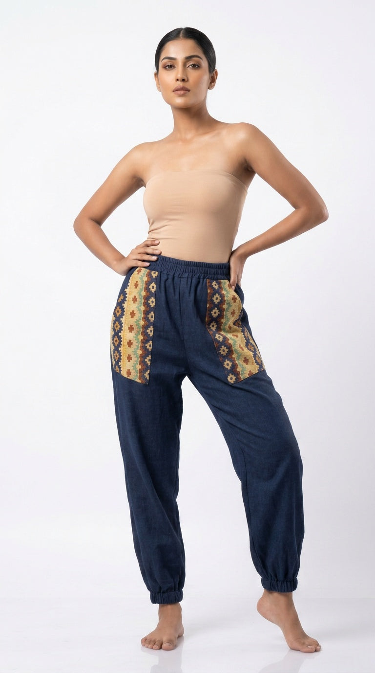 Entimessi Navy Cotton Hopper Pants with Woven Pockets for Women Hopper Pants 100% cotton balloon pants bohemian style boho pants breathable fabric elastic ankles ethnic diamond print ethnic wear handblock print hopper pants loungewear relaxed fit SC-10 summer pants Women women's clothing yoga pants