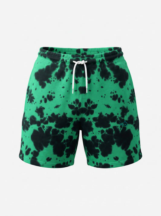 Entimessi Green on Black Tie Dye Shorts for Men & Women | Relaxed Fit Tie-dye Shorts 260 GSM Activewear beachwear Casual Shorts Cotton Blend Drawstring Waist Shorts Entimessi loungewear made in India made to order Men new Premium Terry Shorts relaxed fit Shorts slip-in pockets Terry Shorts Tie Dye Unisex Unisex terry shorts Women