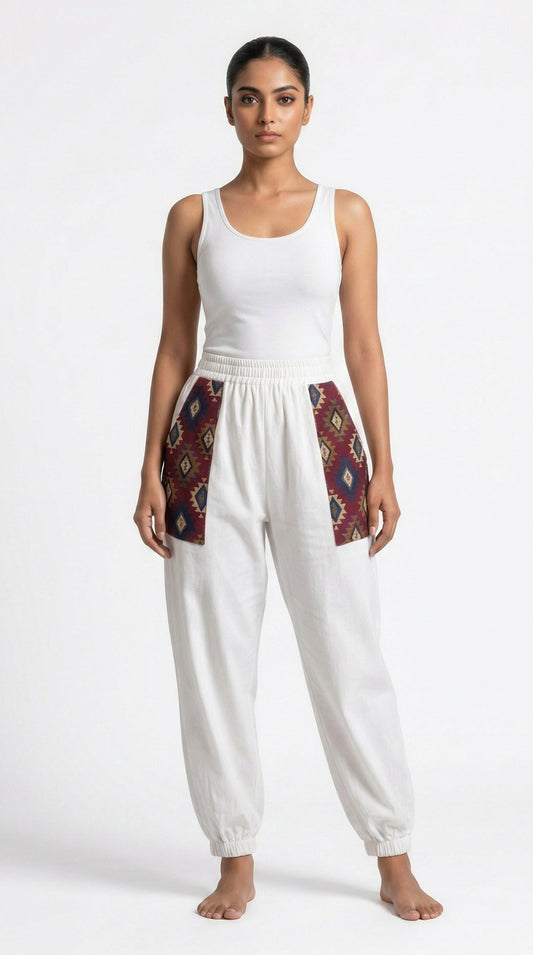 White Cotton Hopper Pants with Woven Pockets for Women