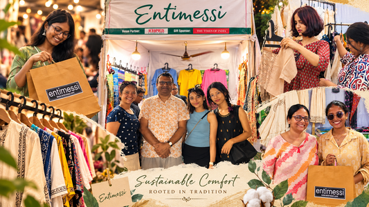 Entimessi’s pop-up store collage featuring customers with branded shopping bags, colourful clothing displays, and shoppers exploring the collection, with the tagline “Sustainable Comfort, Rooted in Tradition.”