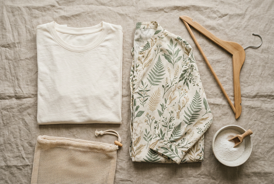 Folded cotton clothing with gentle laundry-care essentials on a neutral linen surface.
