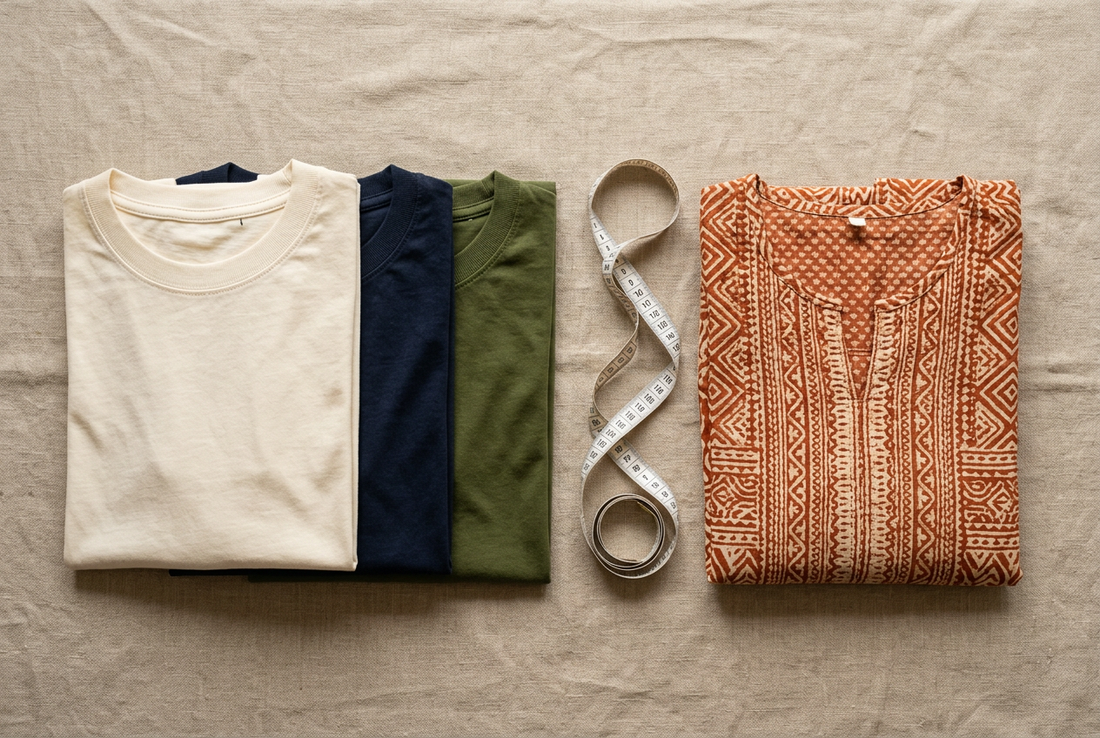 Flat lay of folded cotton t-shirts, a tailor's measuring tape and a folded block print garment on neutral linen