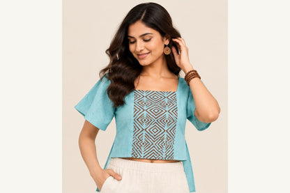 Aqua Hand Block Printed Wrap Crop Top