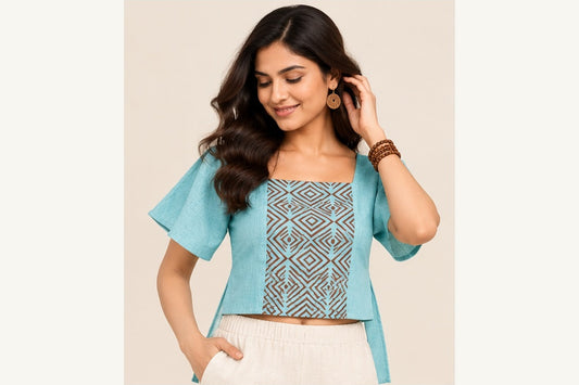 Aqua Hand Block Printed Wrap Crop Top