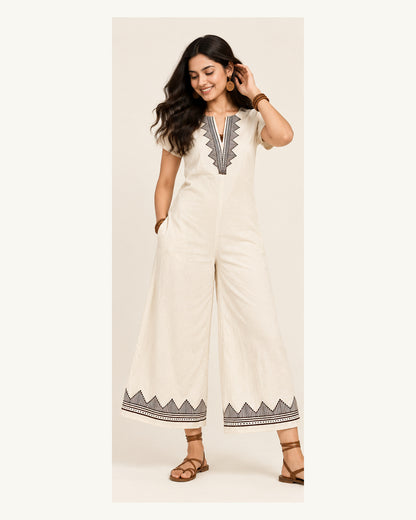 White Geometric Block Print Wide-Leg Jumpsuit