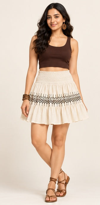 Ivory Smocked Waist Ruffle Mini Skirt with Geometric Print