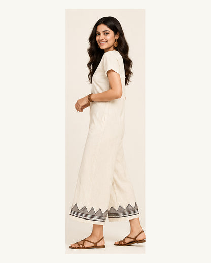 White Geometric Block Print Wide-Leg Jumpsuit