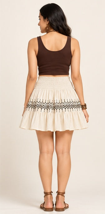 Ivory Smocked Waist Ruffle Mini Skirt with Geometric Print