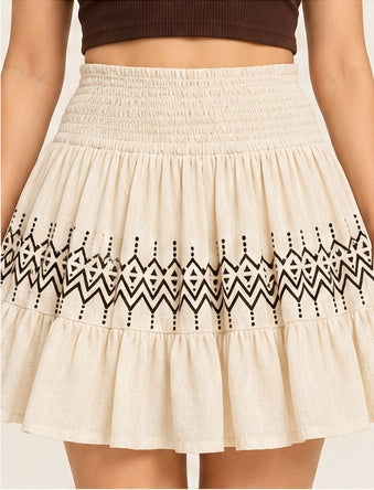 Ivory Smocked Waist Ruffle Mini Skirt with Geometric Print