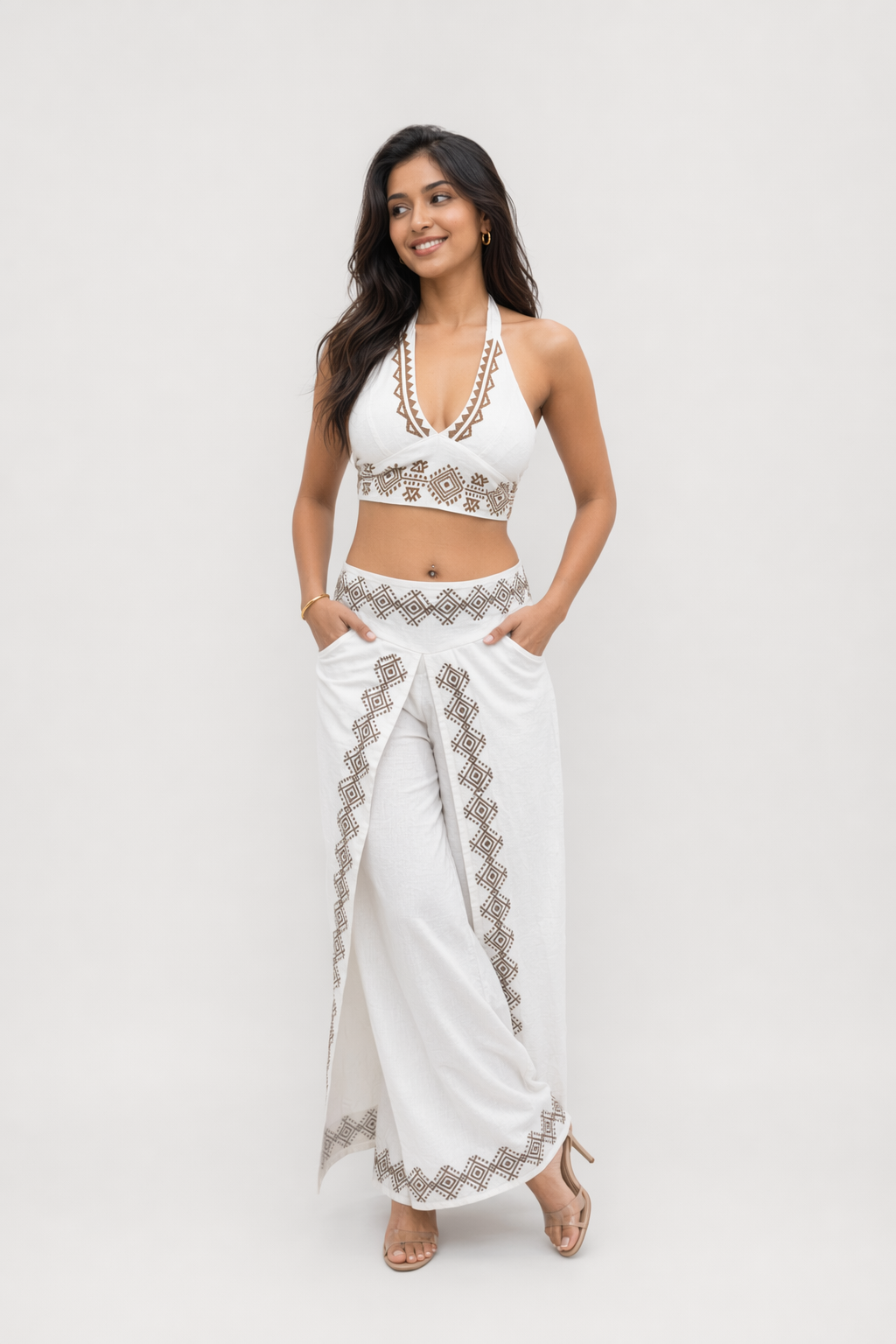 Ivory Diamond Block Print Cotton Halter Co-ord Set