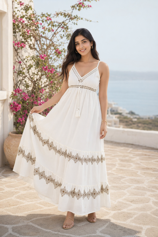 White Diamond Block Print Cotton Tiered Empire Maxi Dress