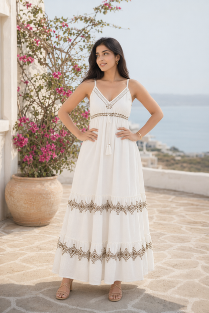 White Diamond Block Print Cotton Tiered Empire Maxi Dress