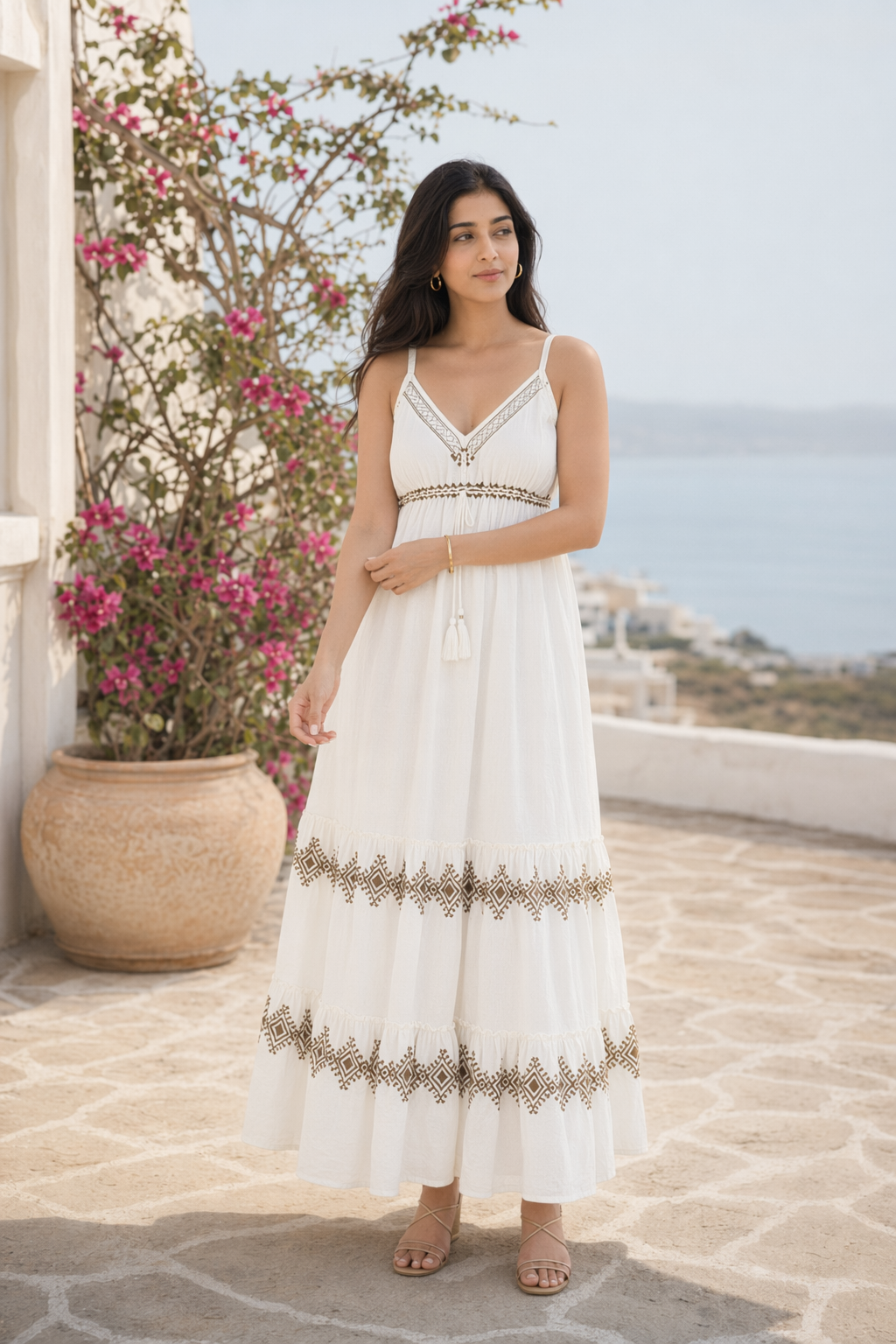 White Diamond Block Print Cotton Tiered Empire Maxi Dress