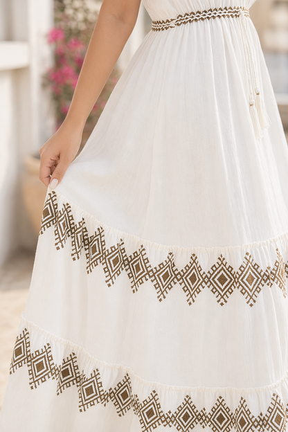 White Diamond Block Print Cotton Tiered Empire Maxi Dress