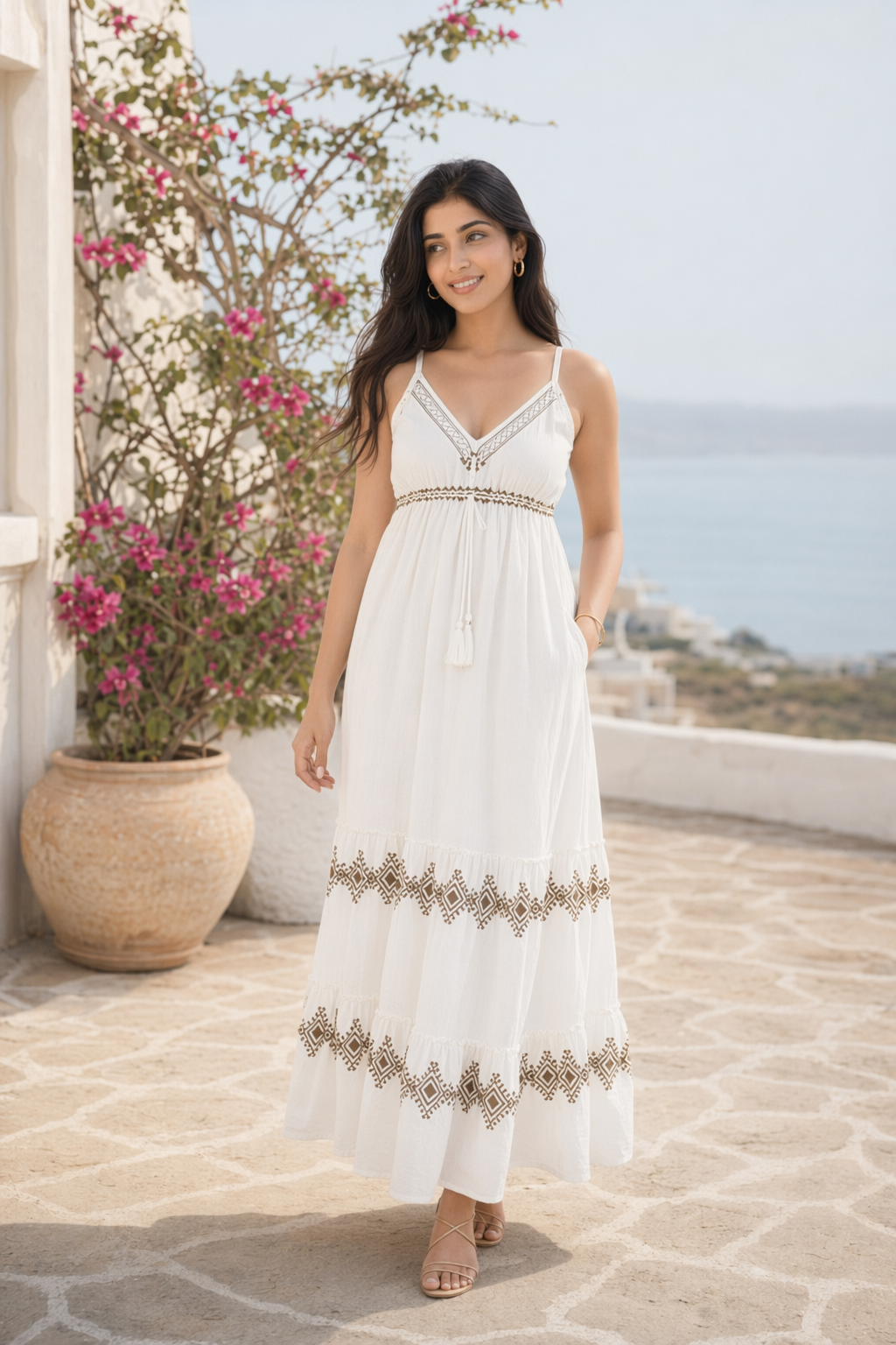 White Diamond Block Print Cotton Tiered Empire Maxi Dress