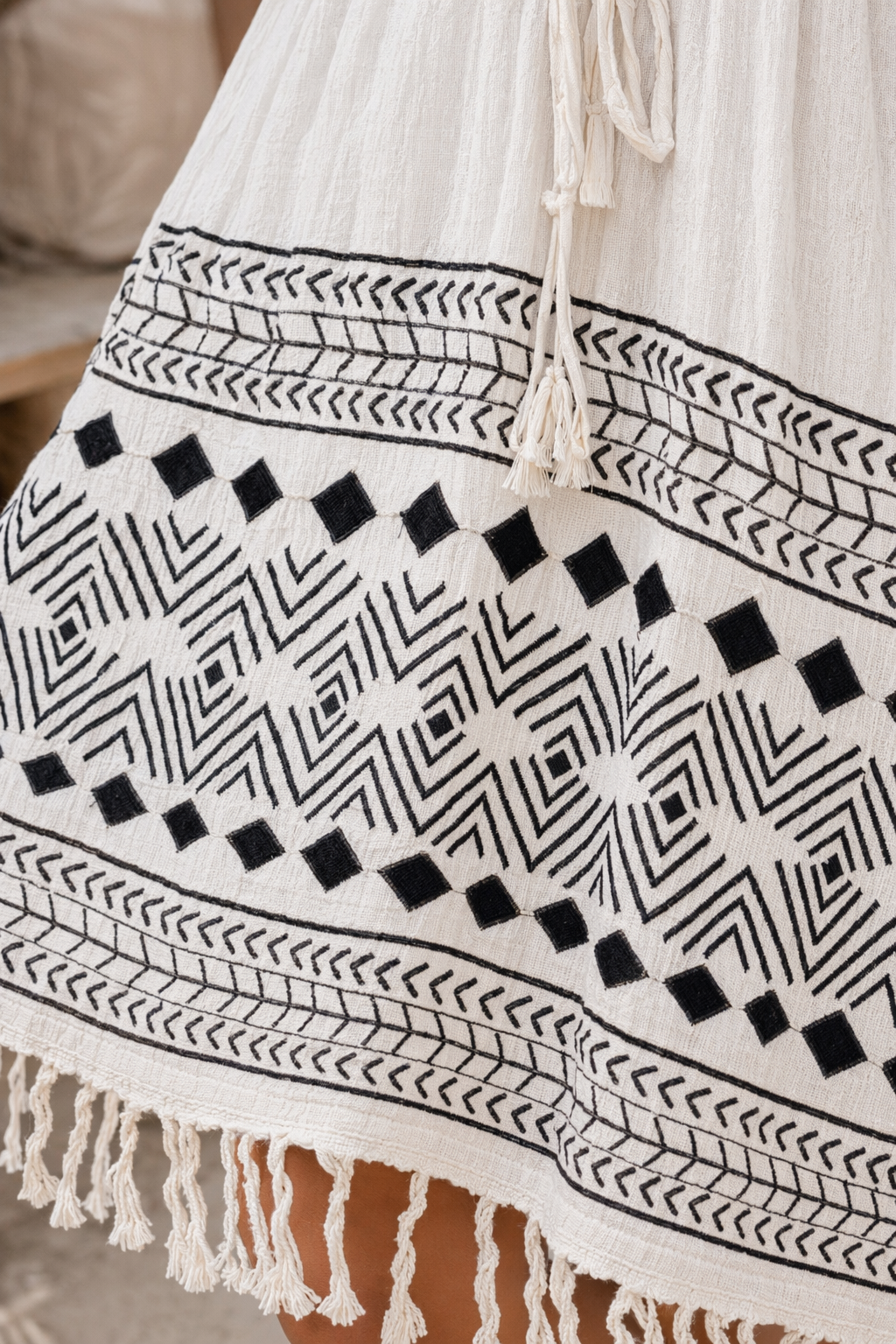 White Tribal Block Print Cotton Lace-Up Mini Dress
