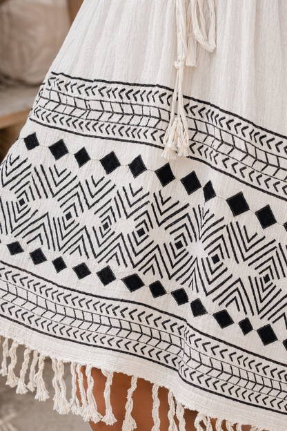 White Tribal Block Print Cotton Lace-Up Mini Dress