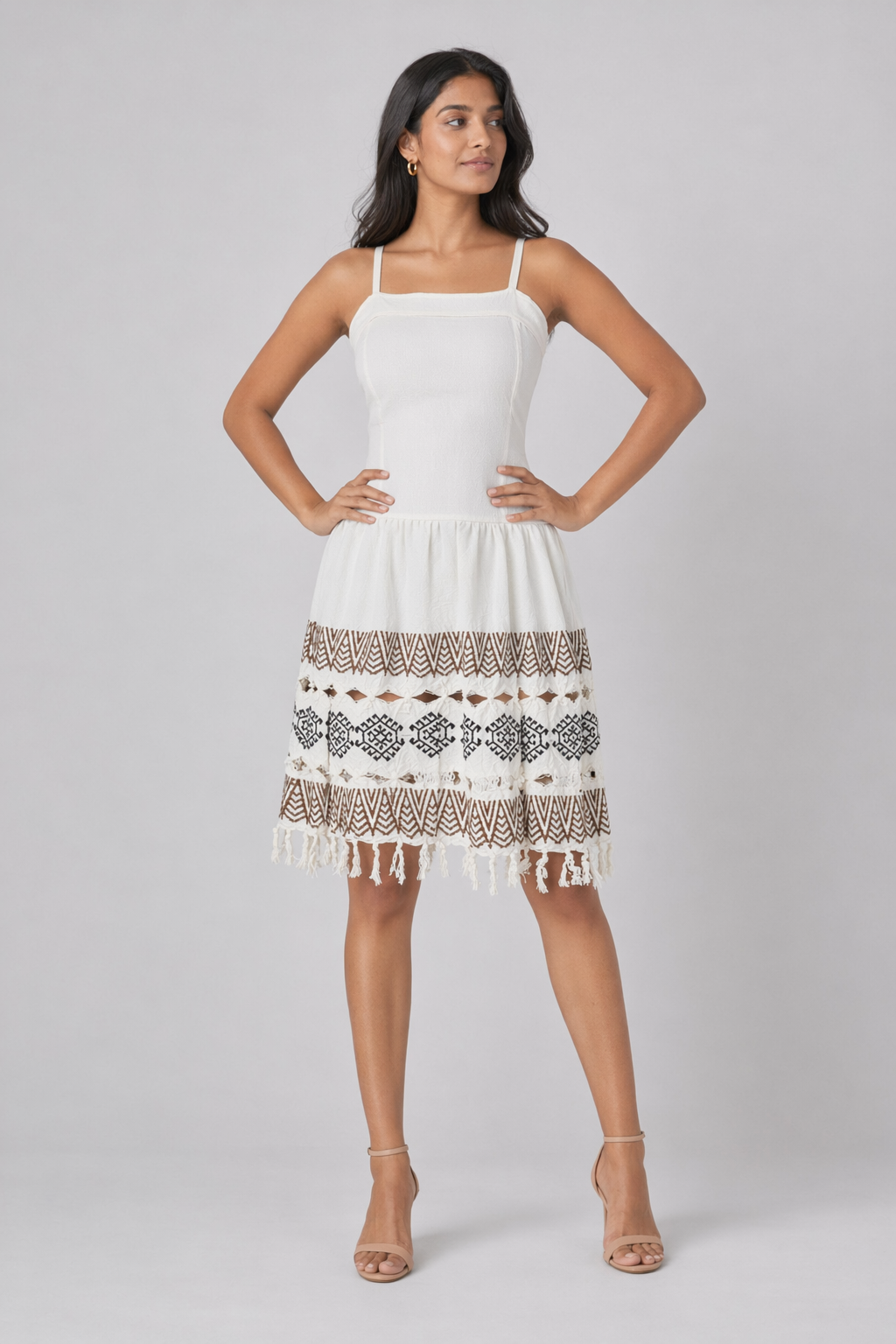 White Chevron Block Print Cotton Fit-and-Flare Mini Dress