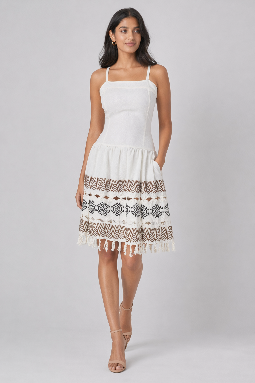 White Chevron Block Print Cotton Fit-and-Flare Mini Dress