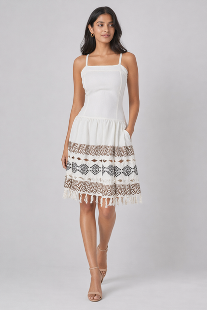 White Chevron Block Print Cotton Fit-and-Flare Mini Dress