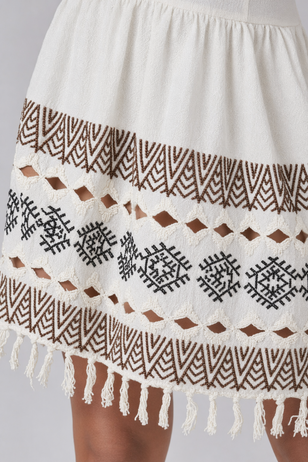 White Chevron Block Print Cotton Fit-and-Flare Mini Dress