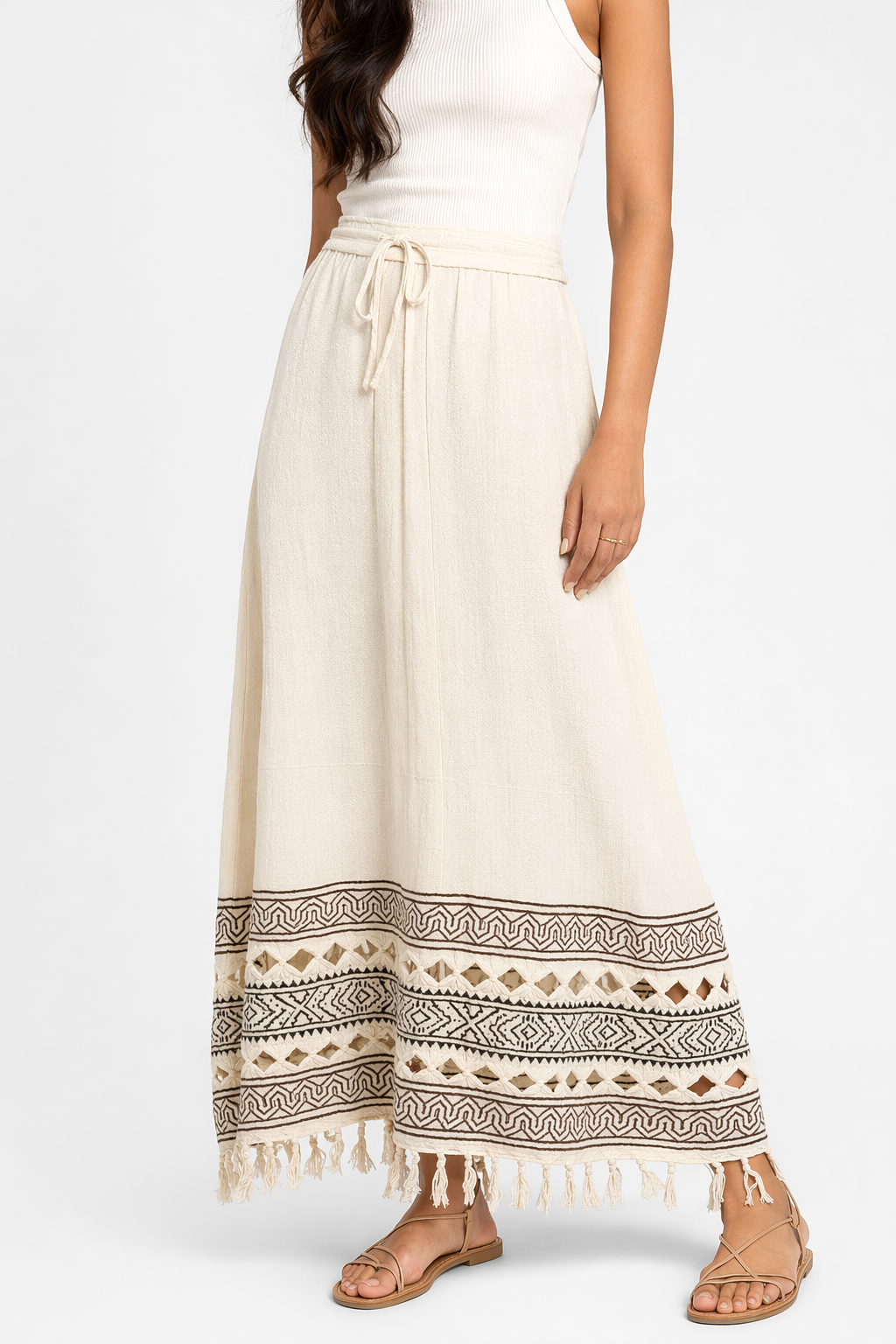 Ivory Cutwork Block Print Cotton Tasseled Maxi Skirt