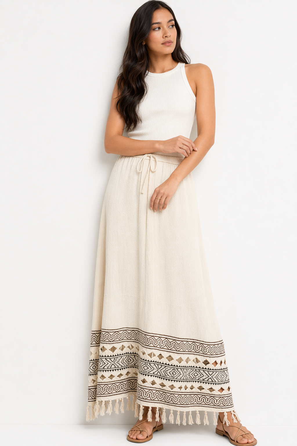 Ivory Cutwork Block Print Cotton Tasseled Maxi Skirt