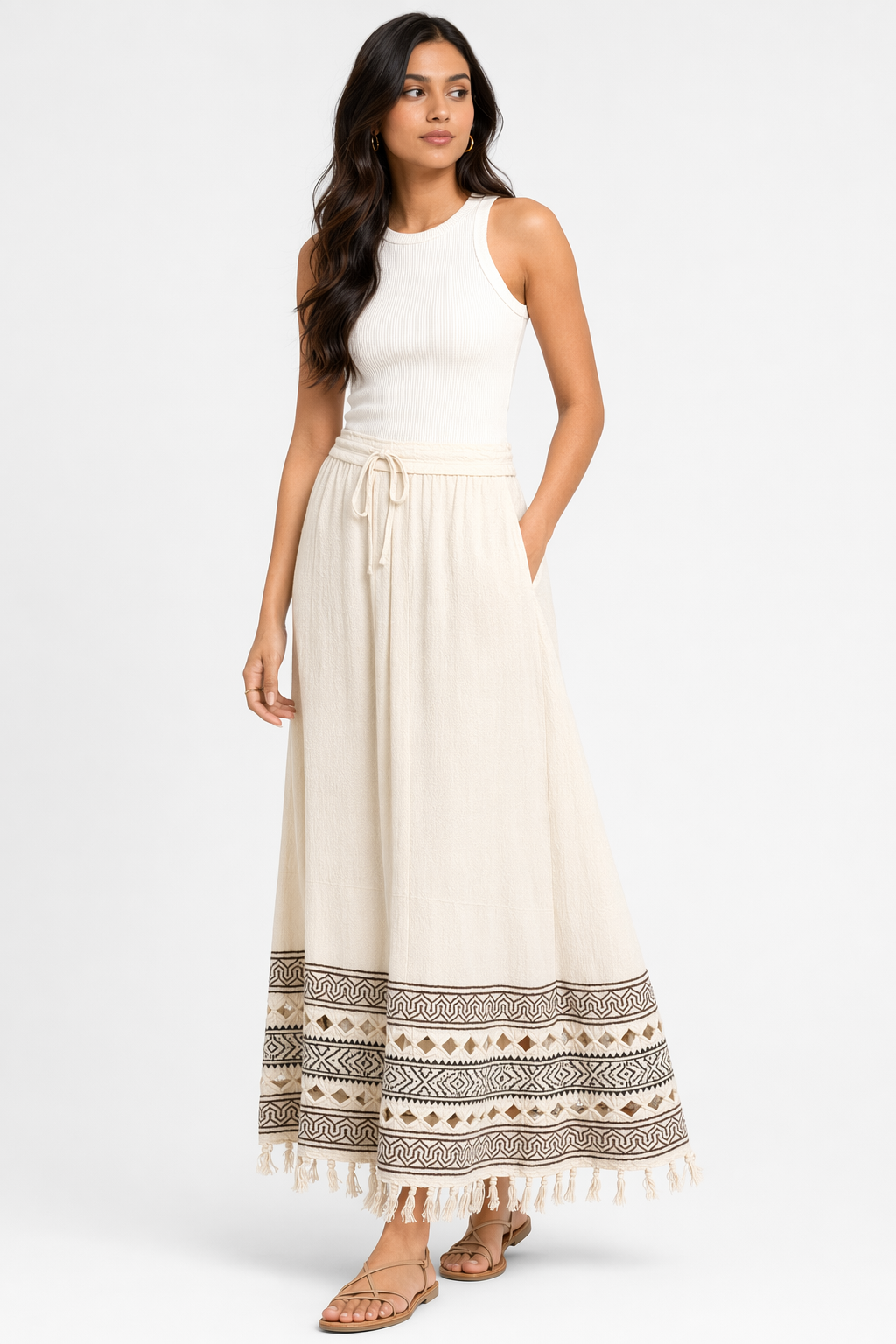 Ivory Cutwork Block Print Cotton Tasseled Maxi Skirt