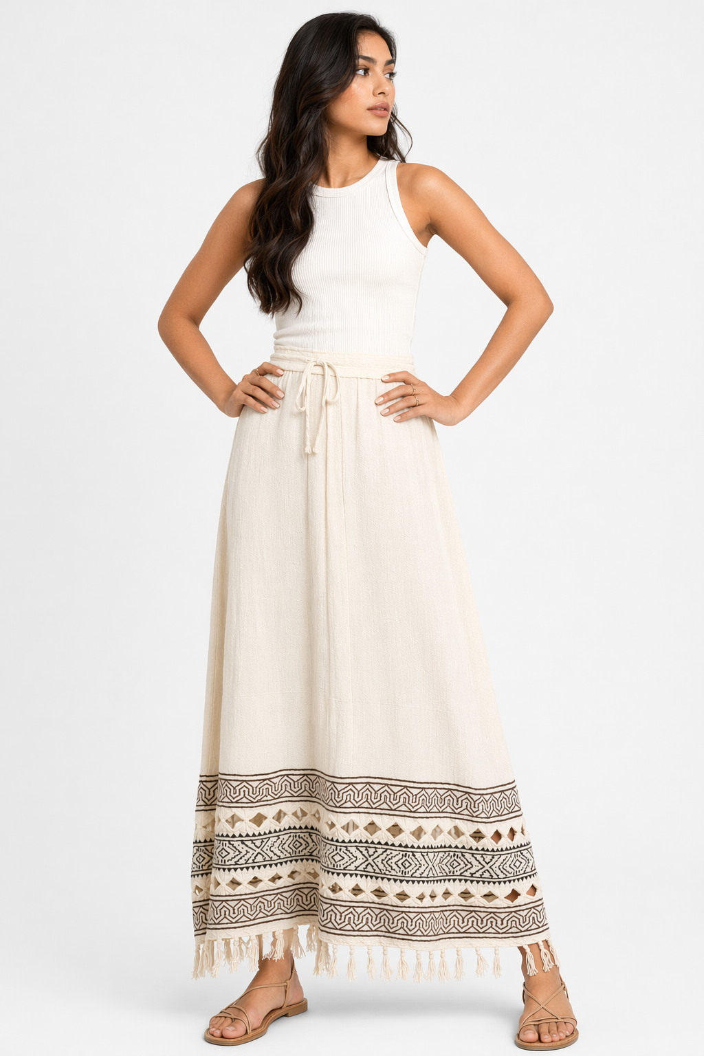 Ivory Cutwork Block Print Cotton Tasseled Maxi Skirt